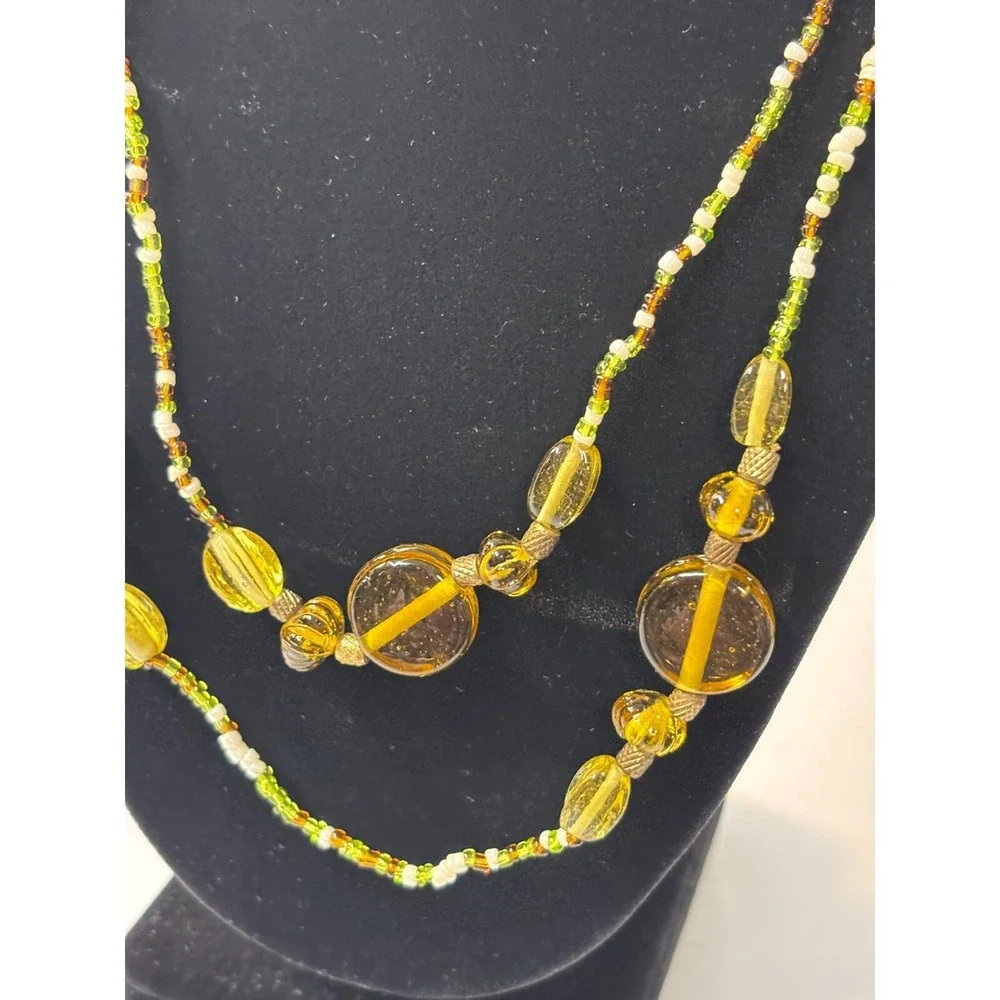 Necklace Amber Color Art Glass Beads Long for Layering‎ Boho